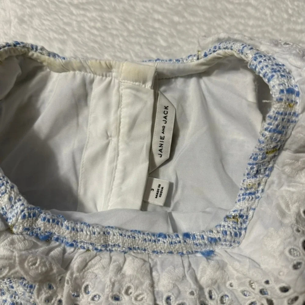 Janie and Jack Tweed Dress Kids Size 3 Blue White Eyelet Lace Metallic Gold